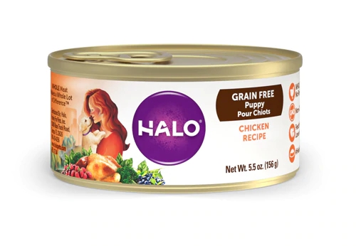 Ração Halo Purely For Pets Sem Grãos para Filhotes Sabor Frango - 1.56kg (Pack com 12 latas de 156g)