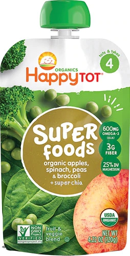 Comida Orgânica para Bebês Happy Tot Maçã, Espinafre, Ervilha e Brócolis com Super Chia - 120g