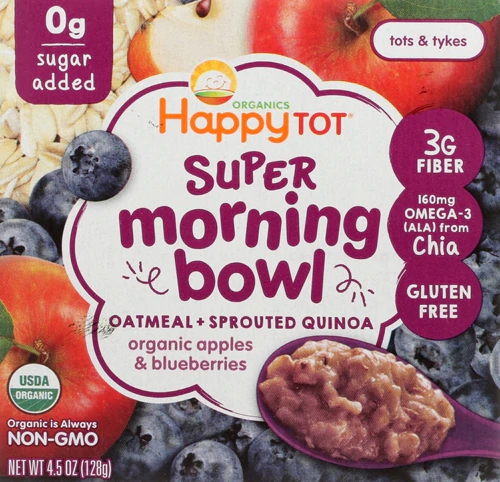 Happy Baby Organics HappyTot Super Morning Bowl Aveia + Quinoa Germinada para Bebês e Crianças Pequenas Maçã e Mirtilo - 128g