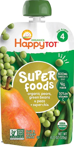 Happy Tot Puras de Frutas e Legumes Orgânicas Pera, Ervilha e Vagem + Super Chia - 120g