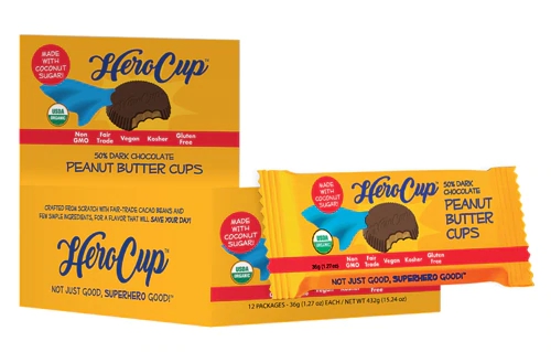 Hero Cup 12 Pacotes: Chocolates 50% Cacau, Açúcar de Coco e Manteiga de Amendoim