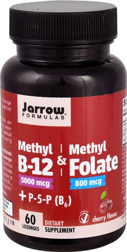 Jarrow Formulas Metil B-12 e Metil Folato Cereja - 60 Pastilhas Mastigáveis