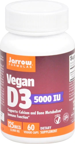 Jarrow Formulas Vegan D3 5000 IU - 60 Cápsulas Vegetais para Imunidade e Ossos Fortes