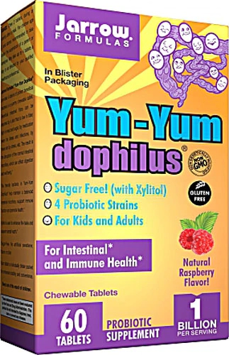 Jarrow Formulas Yum-Yum Dophilus Morango Natural - 1 Bilhão de Probióticos - 60 Comprimidos Mastigáveis
