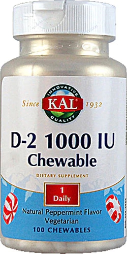 Kal D-2 Mastigável Sabor Hortelã - 1000 UI - 100 Comprimidos Mastigáveis Vitamina D2