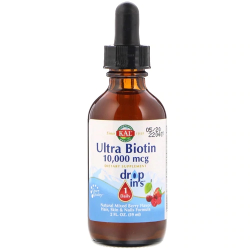 Biotina KAL Ultra 10000mcg - 60ml (2 fl oz) - Suplemento para Cabelos, Pele e Unhas