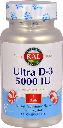 KAL Ultra D-3 Vitamina D-3 Peppermint 5000 IU - 60 Gomas Mastigáveis