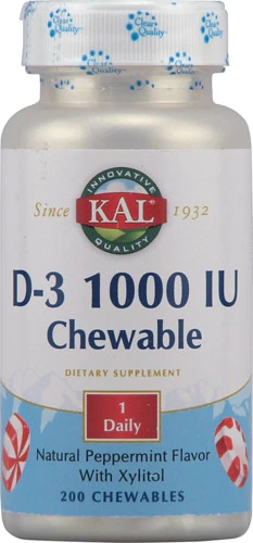 Vitamina D3 Kal Sabor Menta 1000 UI - 200 Pastilhas Mastigáveis