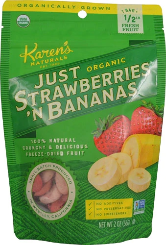Karen's Naturals Morangos com Banana Orgânicos 57g - Lanche Saudável e Delicioso