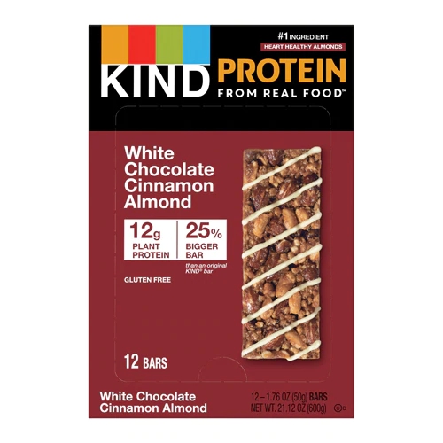 Barra de Proteína Kind 12g Sem Glúten Sabor Chocolate Branco e Canela com Amêndoas - Caixa com 12 Barras