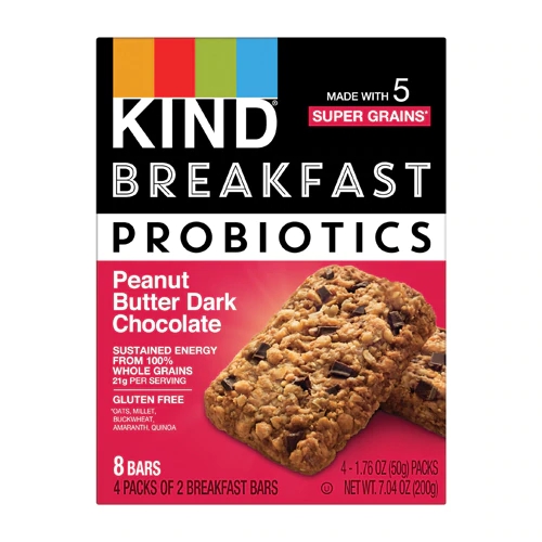 Kind Breakfast Probiotics Barra Sabor Amendoim e Chocolate Amargo - Pacote com 4 Unidades (Aprox. 170g)