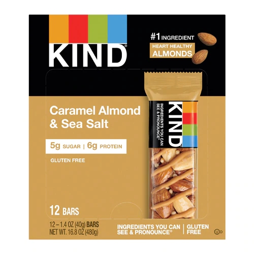 Barras Kind Nuts & Spices Caramelo Amêndoa e Sal Marinho - Caixa com 12 Barras
