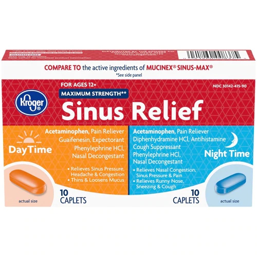 Kroger® Sinus Relief Máxima Força Dia e Noite - 20 Cápsulas para Alívio da Congestão Nasal