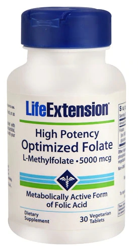 Life Extension High Potency Optimized Folate L-Methylfolate -- 5000 mcg - 30 Vegetarian Tablets