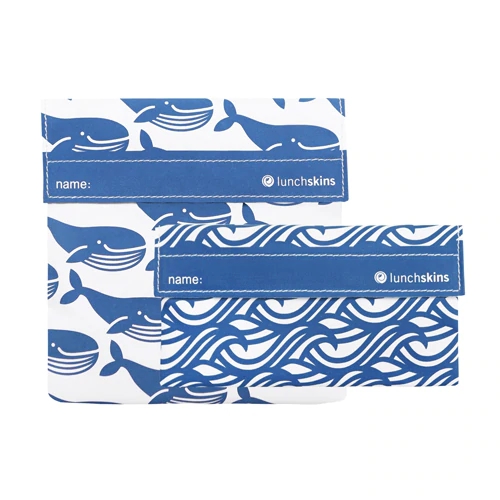 Kit 2 Sacos Reutilizáveis Lunchskins para Lanches e Sanduíches - Estampa Baleia Azul e Branca