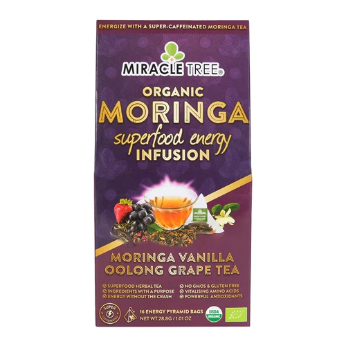 Miracle Tree Chá de Moringa Orgânica Superfood Vanilla Oolong Grape - 16 Sachês Energéticos