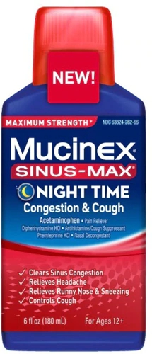 Mucinex Sinus-Max Máxima Força Líquido Noturno 177ml - Alívio Congestão e Tosse Adulto