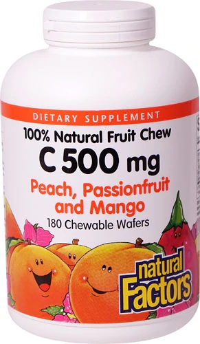 Natural Factors Vitamina C Mastigável Sabor Pêssego, Maracujá e Manga - 500mg - 180 Pastilhas