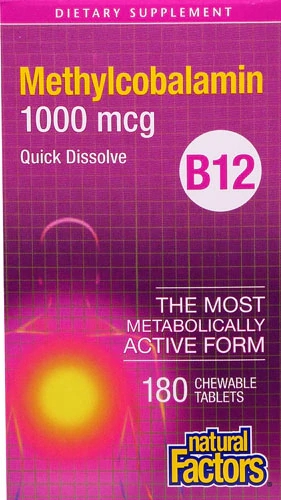 Natural Factors Vitamina B12 Metilcobalamina 1000 mcg - 180 Comprimidos Mastigáveis