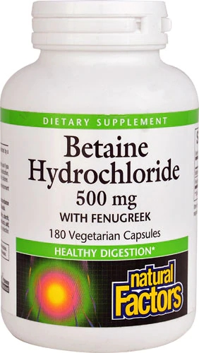 Natural Factors Cloridrato de Betaína com Feno Grego - 500 mg - 180 Cápsulas Vegetarianas