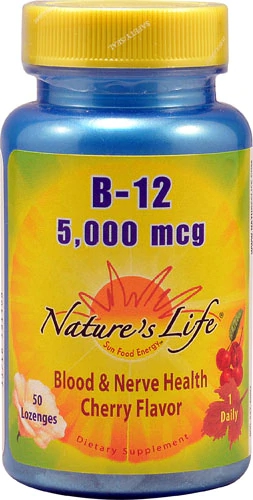 Nature's Life B-12 Cherry 5000 mcg - 50 Pastilhas - Suplemento de Vitamina B12