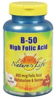 Nature's Life B-50 Complexo de Ácido Fólico 50mg - 100 Cápsulas