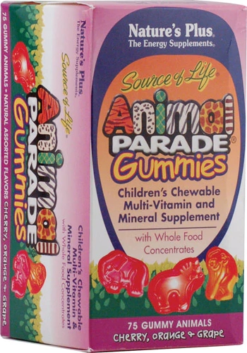 Nature's Plus Animal Parade® Gummies Multivitamínico Infantil Sabor Cereja, Laranja e Uva - 75 Gomas Mastigáveis