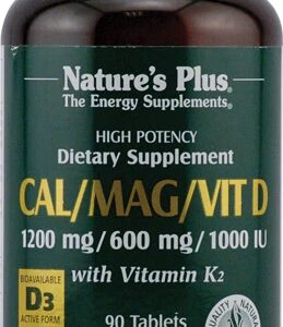 Nature's Plus Cal Mag D3 K2 - Suplemento de Cálcio, Magnésio e Vitaminas D3 e K2 - 90 Comprimidos