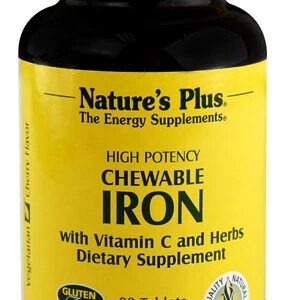 Nature's Plus Ferro Mastigável com Vitamina C e Ervas Sabor Cereja 90 Tabletes