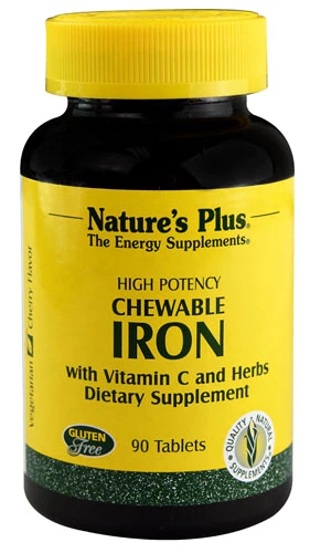 Nature's Plus Ferro Mastigável com Vitamina C e Ervas Sabor Cereja 90 Tabletes