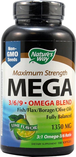 Nature's Way MEGA 3-6-9 Ômega Blend Sabor Limão - 180 Cápsulas Gelatinosas