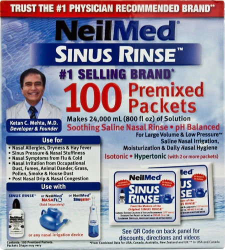 NeilMed Sinus Rinse™ Pacotes Pré-Misturados - 100 Unidades para Higiene Nasal