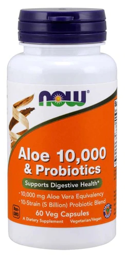 NOW Aloe 10.000 + Probióticos - 60 Cápsulas Veganas para Bem-Estar Digestivo