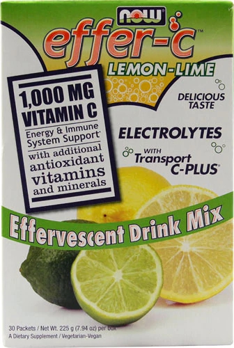 NOW Effer-C™ Drink Mix Limão-Lima Efervescente - 30 Sachês (Suporte Imunológico e Energético)