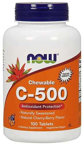 Vitamina C Mastigável NOW Foods C-500 Sabor Cherry-Berry 100 Comprimidos
