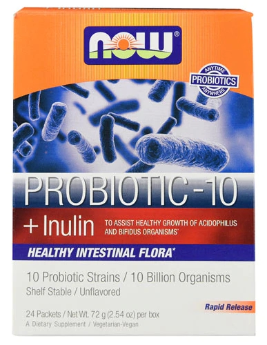 NOW Foods Probiótico-10 com Inulina Sabor Neutro - 10 Bilhões de UFC - 24 Sachês