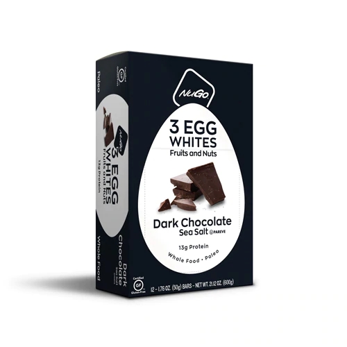 NuGo Nutrition Barras de Proteína de Clara de Ovo com Frutas e Nozes - Chocolate Amargo e Sal Marinho - Caixa com 12 Unidades (Aprox. 600g)