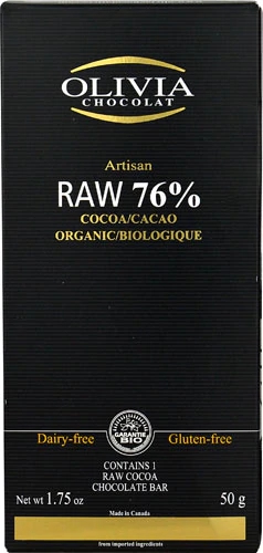 Olivia Chocolat Artisan 76% Raw Cocoa Chocolate Bar Organic -- 1.75 oz
