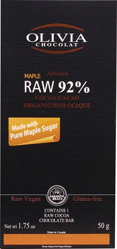 Chocolate 92% Cacau Orgânico com Maple Olivia Chocolat 50g - Puro Sabor e Saúde