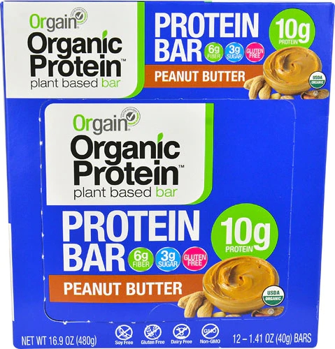 Orgain Barra de Proteína Orgânica Sabor Pasta de Amendoim - 12 Barras (Aprox. 57g cada)