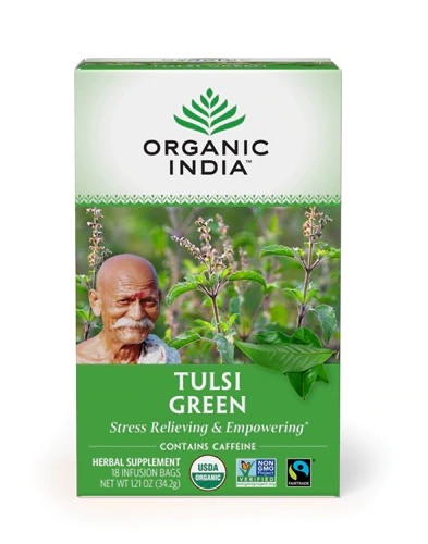 Chá Orgânico Tulsi com Chá Verde Organic India - 18 Sachês (1.9g por Dose)