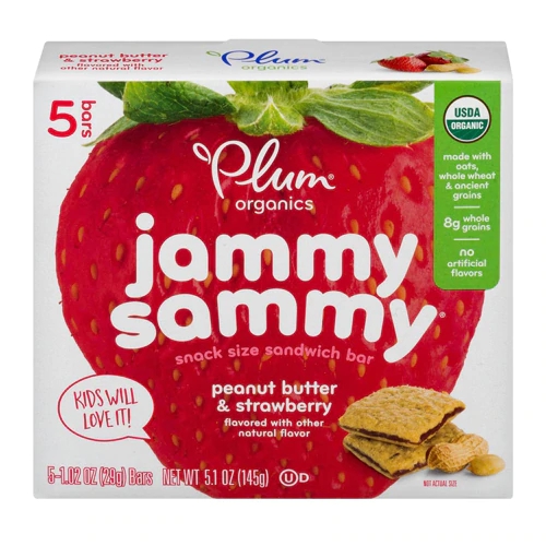 Barra de Lanche Plum Organics Jammy Sammy, Manteiga de Amendoim e Morango - Pacote com 5 Barras