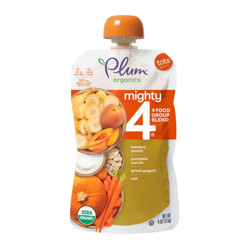 Alimento Infantil Orgânico Plum Organics Mighty 4 Banana Pêssego Abóbora Cenoura Iogurte Grego Aveia - 6 Unidades de 113g Cada