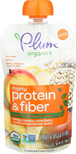 Plum Organics Mighty Proteína e Fibra para Crianças Manga Banana Feijão Branco Manteiga de Girassol e Chia - 113g