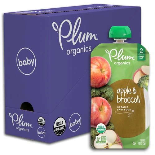 Papinha Orgânica Plum Organics Maçã e Brócolis - Estágio 2 - 113g por Pote - Pack com 6