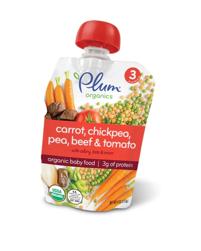 Alimento Orgânico Plum Organics Fase 3 Cenoura Grão de Bico Ervilha Carne Tomate - 108g Cada / Pacote com 6