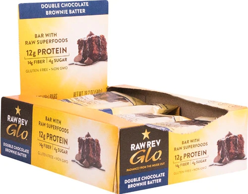 Barra RAW REV Glo™ Superalimentos Duplo Chocolate Massa de Brownie - 12 Barras (Aprox. 60g cada)