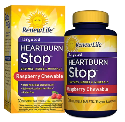 Renew Life Heartburn Stop™ Enzyme Supplement Sabor Framboesa - 30 Comprimidos Mastigáveis