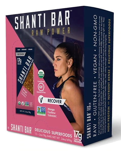 Shanti Bar Barra de Proteína Orgânica Manga e Castanha com Cúrcuma - 17g Proteína - Sem Glúten - Caixa com 12 Unidades