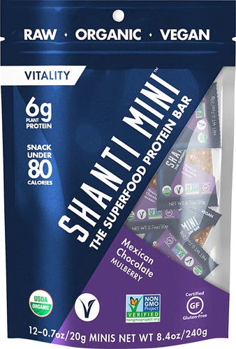Shanti Bar Mini Barras Gancho Proteína 6g Chocolate Mexicano Amora Orgânico Sem Glúten 12 Unidades